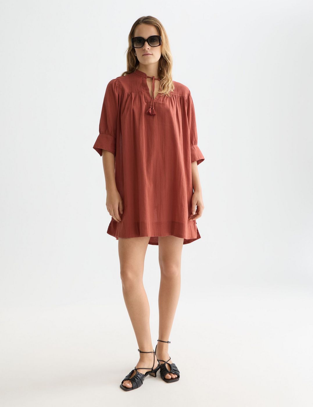 Mini Gathered Sleeve Dress - Burnt Henna