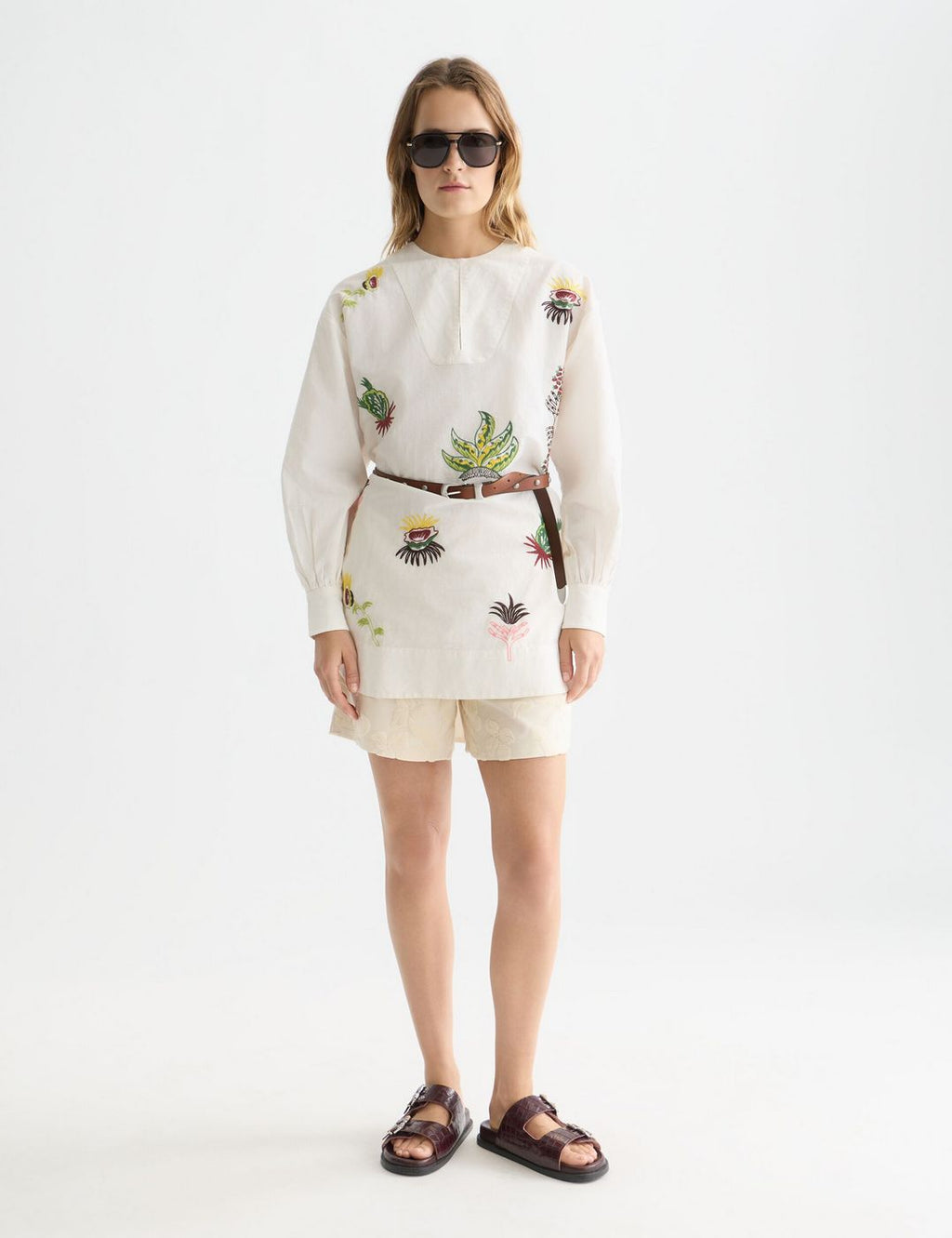 Embroidered Short Bib Dress - Eggnog