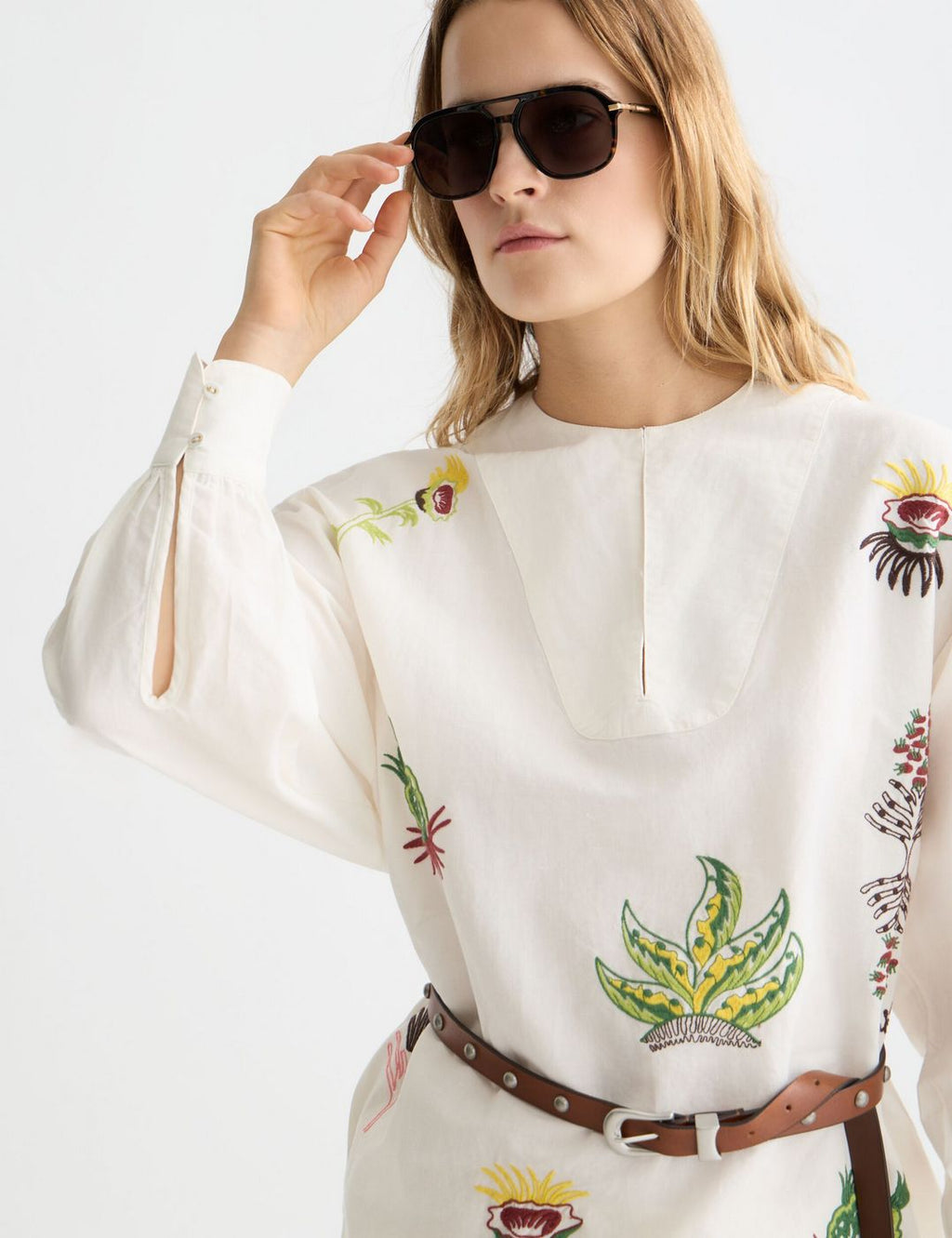 Embroidered Short Bib Dress - Eggnog