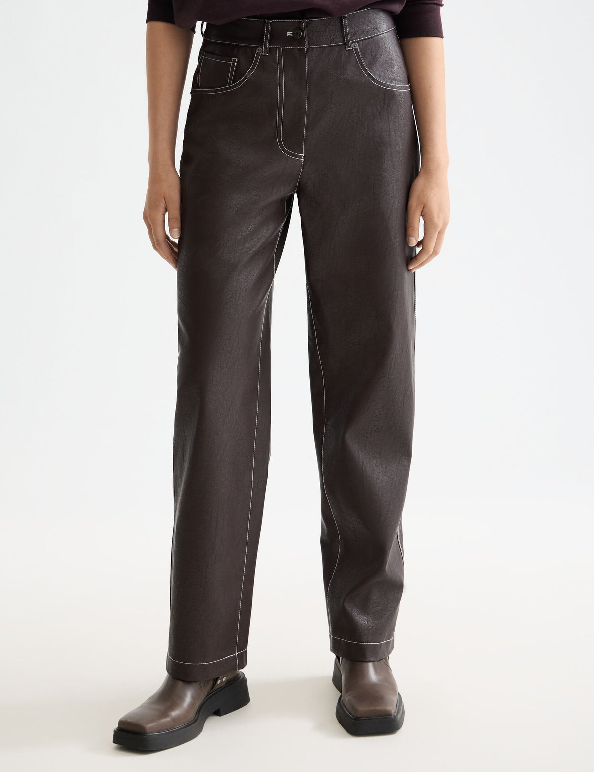 High-Waist-Kunstlederhose Aurora mit Geradem Bein - Chocolate Plum