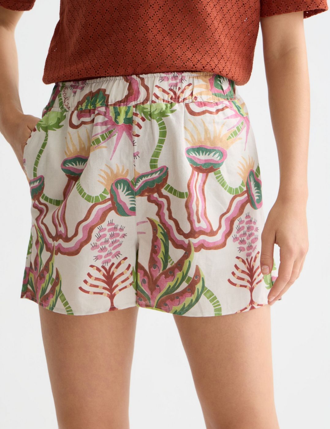 Short Cotton-Linen Elastic Waist - Desert Floral Canyon Clay