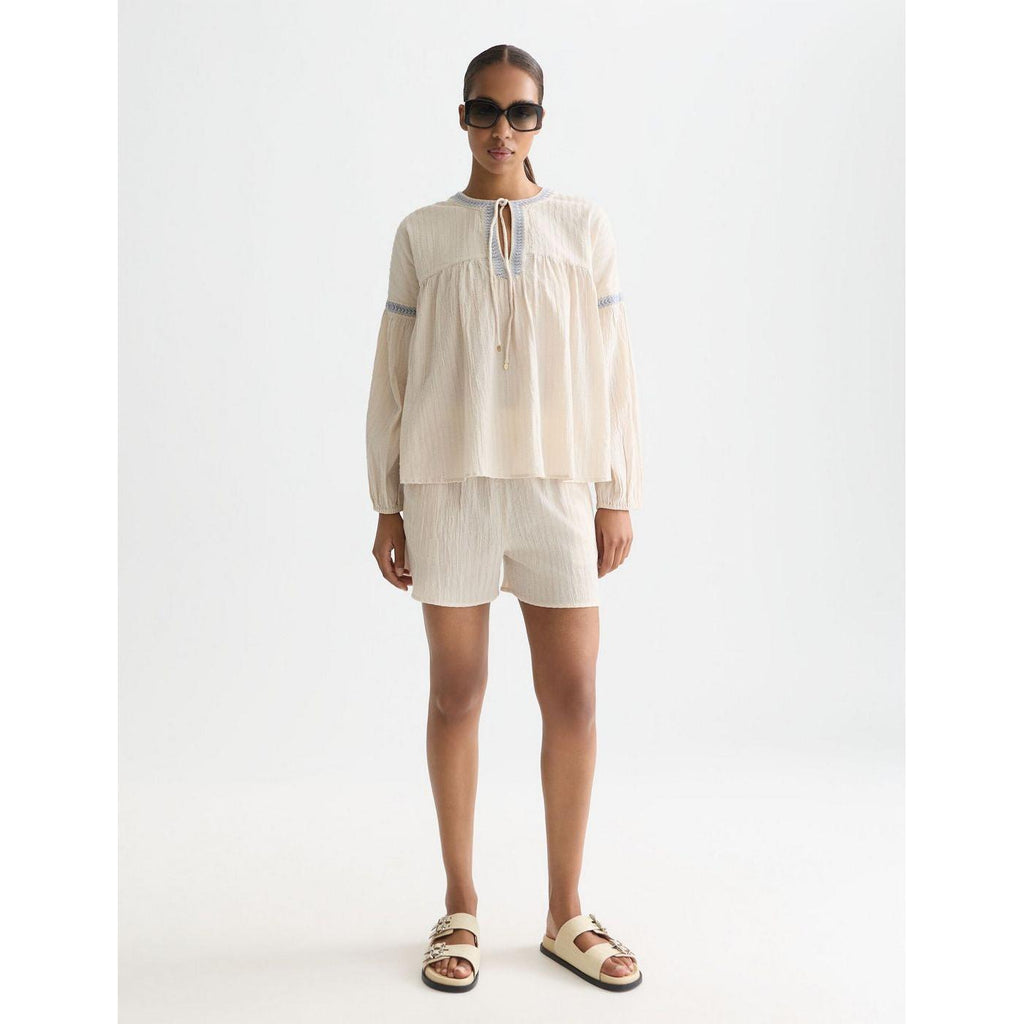 Short Embroidered Cotton Crepe - Fog