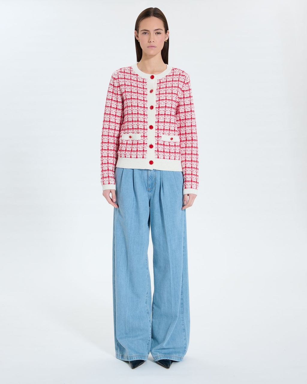 Gilet façon tweed bicolore rouge écru_4