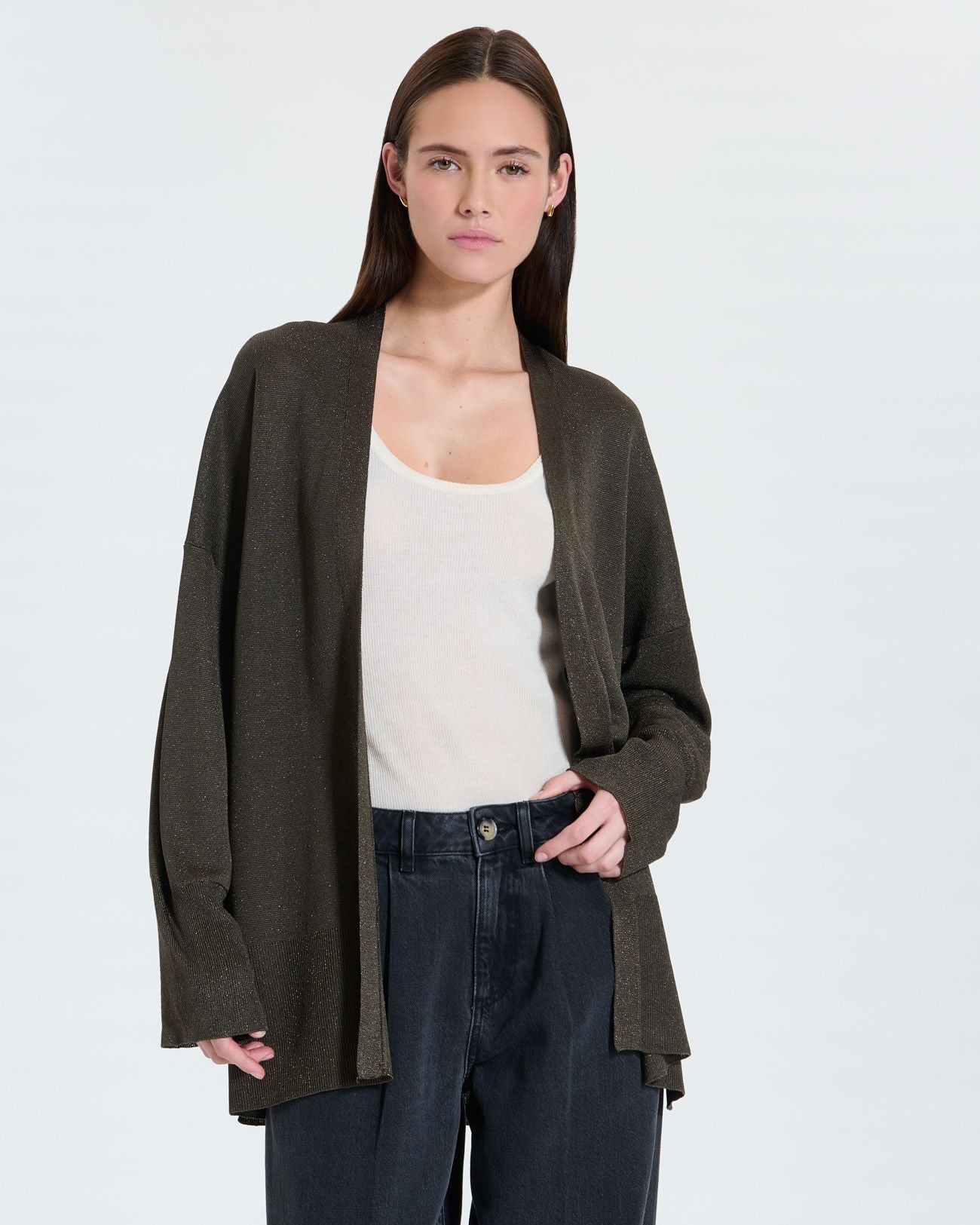 Long khaki sequined vest_1