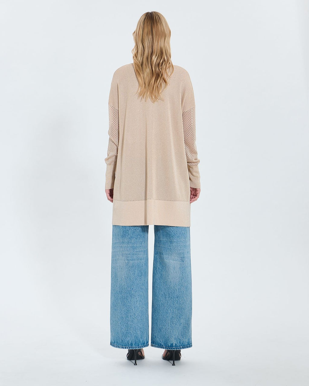 Long openwork sequined champagne cardigan_3