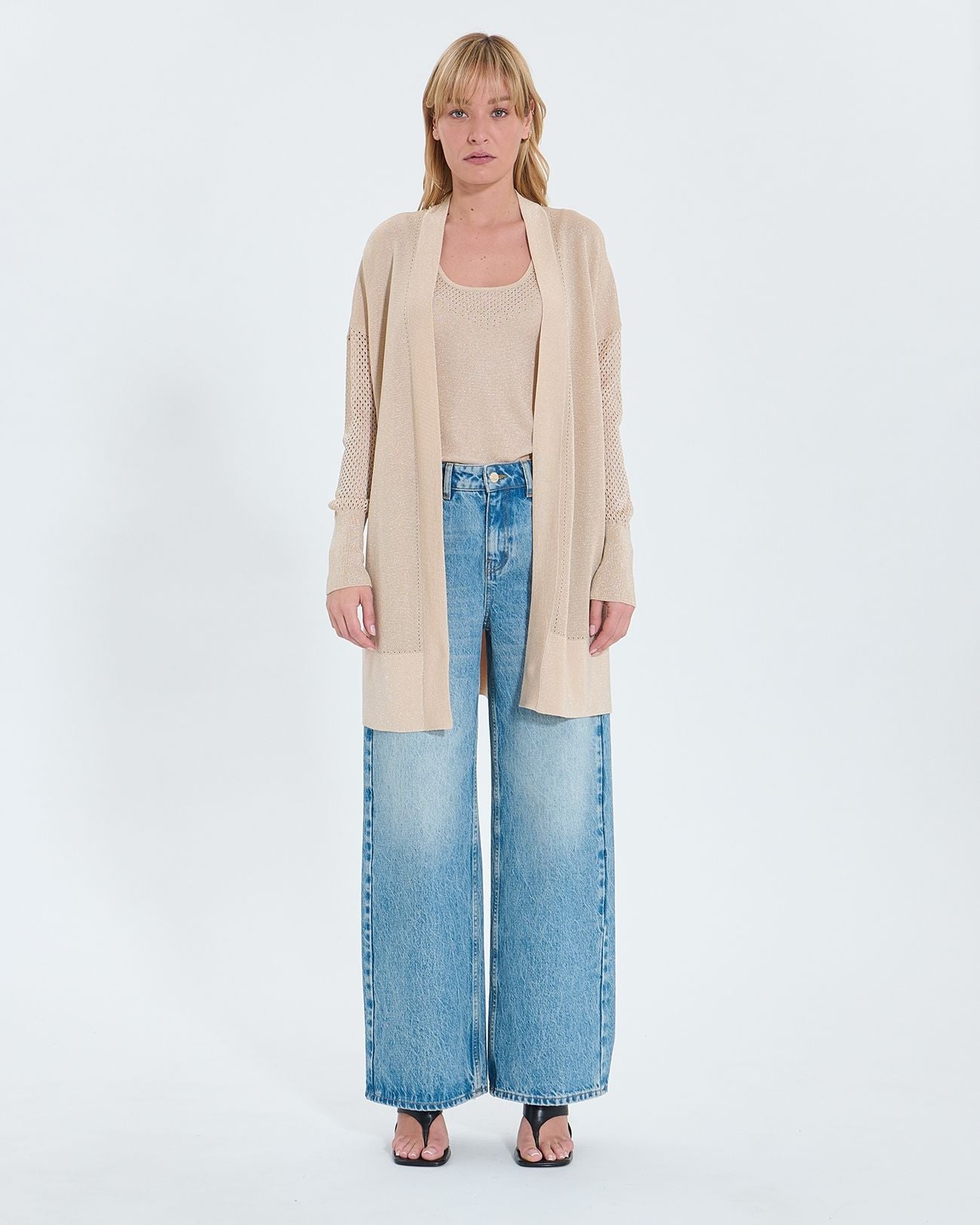 Long openwork sequined champagne cardigan_4