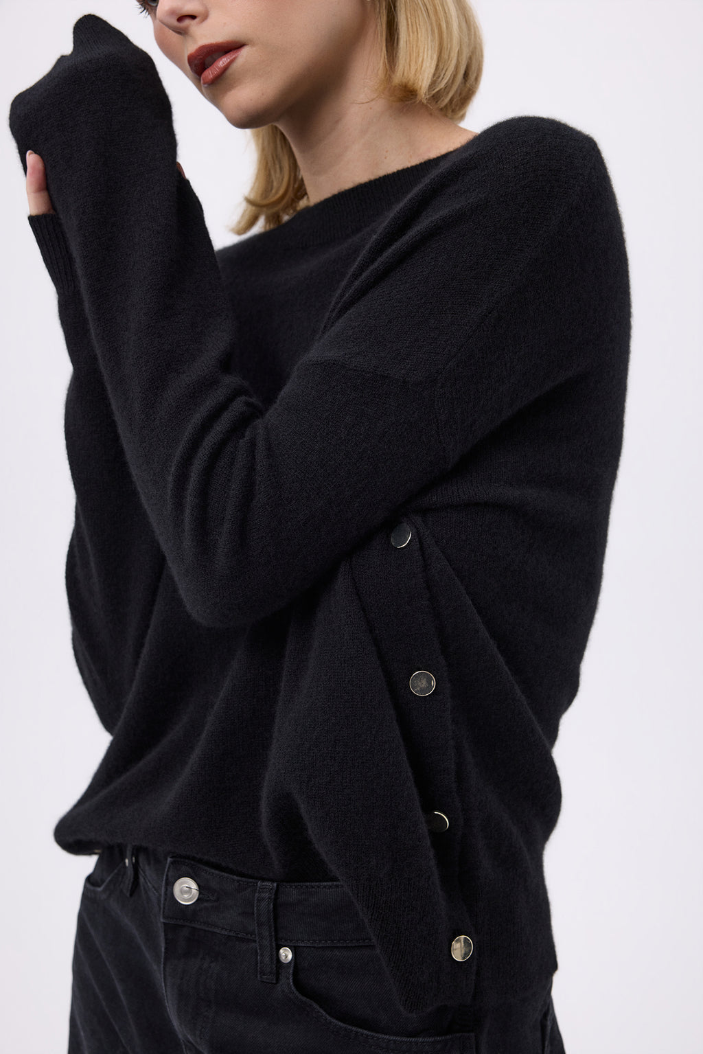 Round-Neck Jumper with Gold Side Buttons Victoire - Black - Women