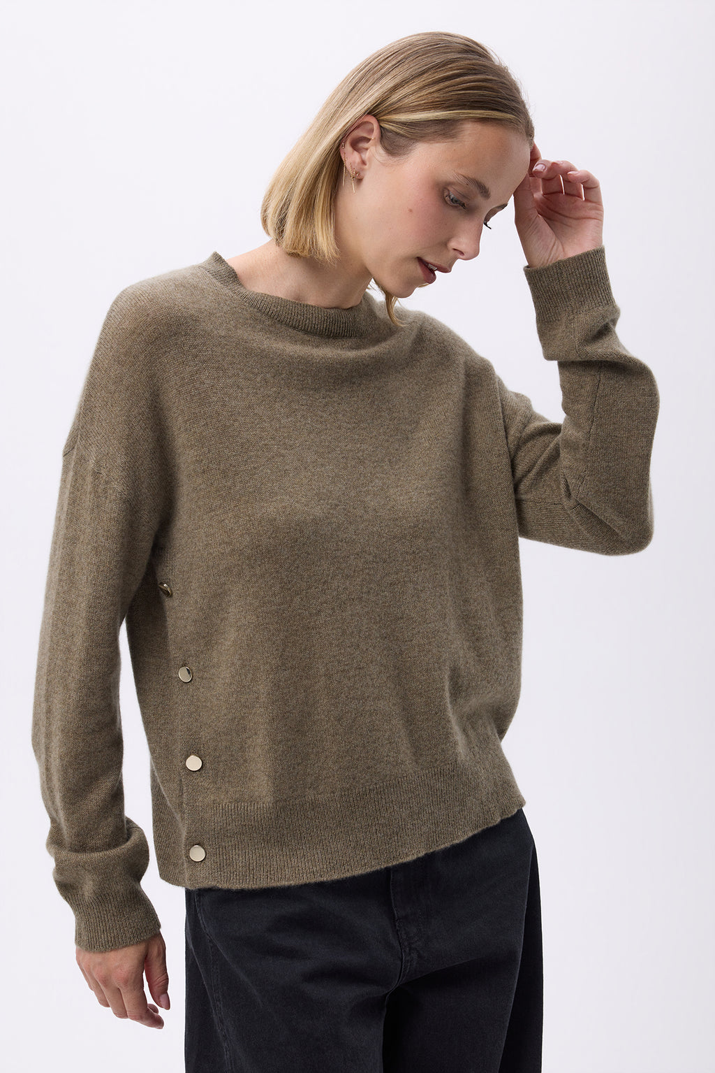 Maglione Girocollo Con Bottoni Laterali Dorati Donna Victoire - Verde Cachi - Donna