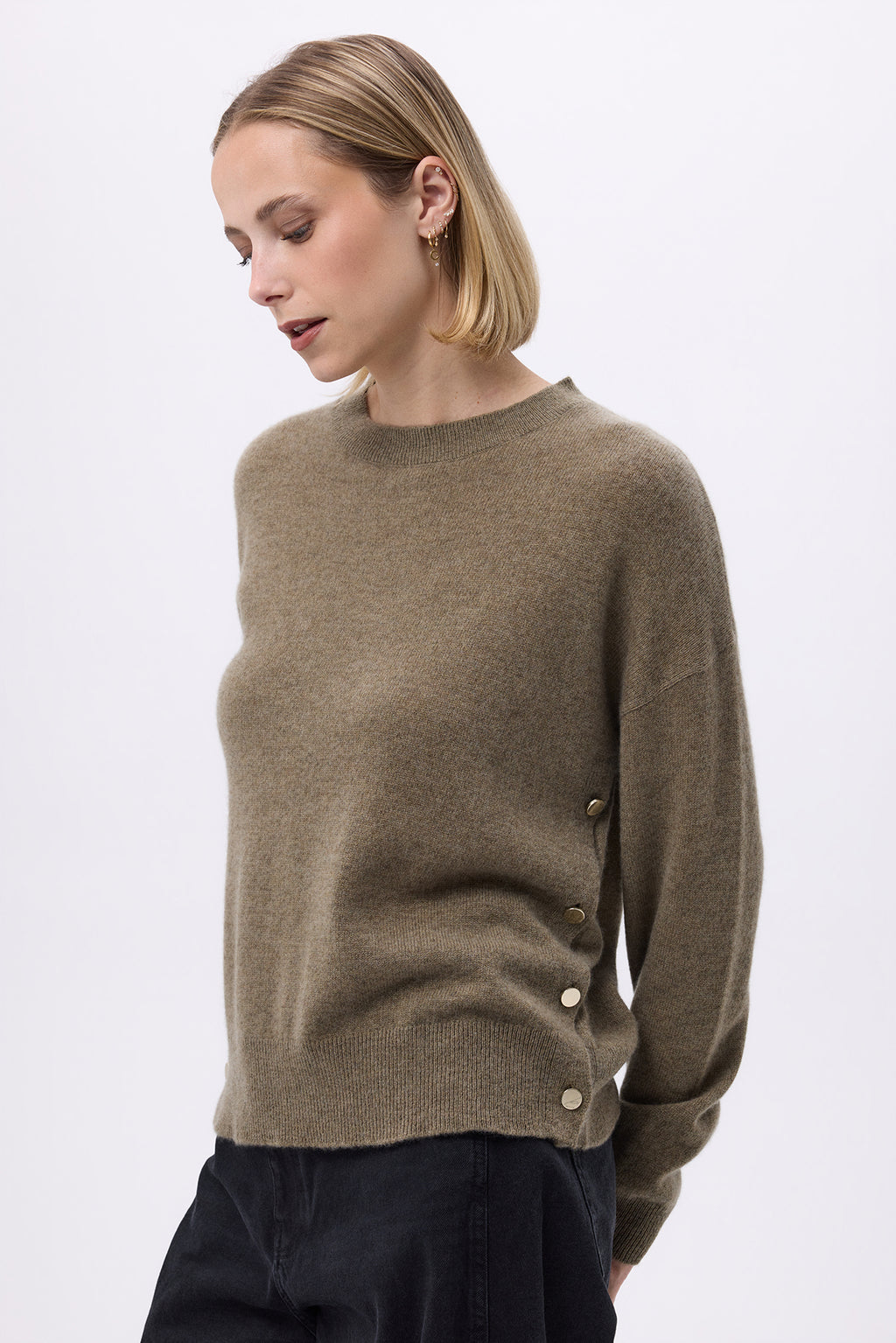 Maglione Girocollo Con Bottoni Laterali Dorati Donna Victoire - Verde Cachi - Donna