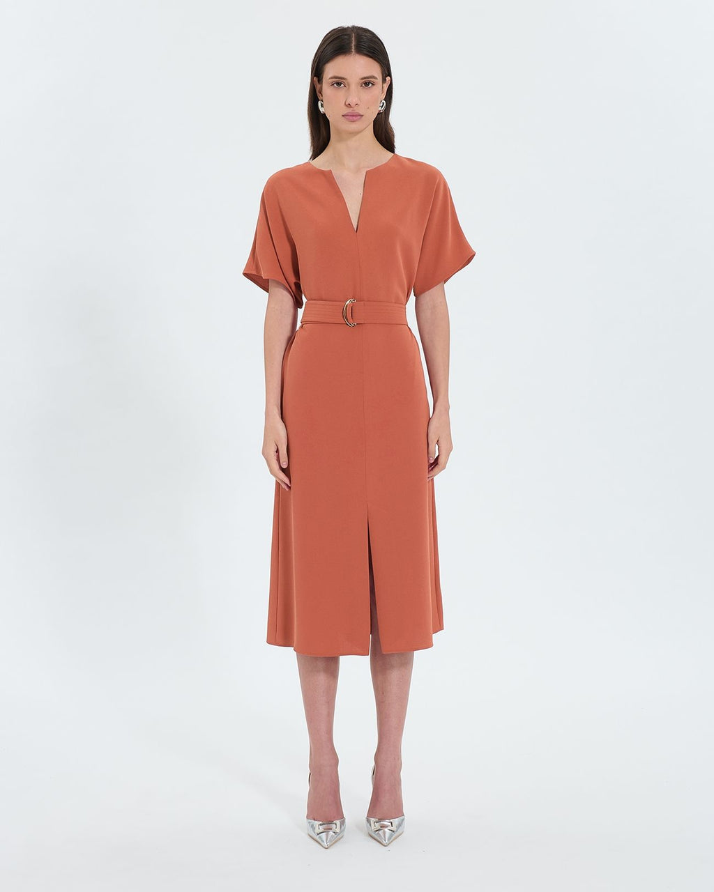 Vestido fluido de crepé ladrillo_1