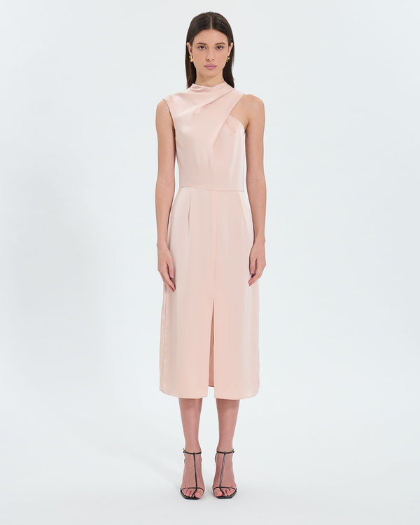 Robe asymétrique satinée nude_1