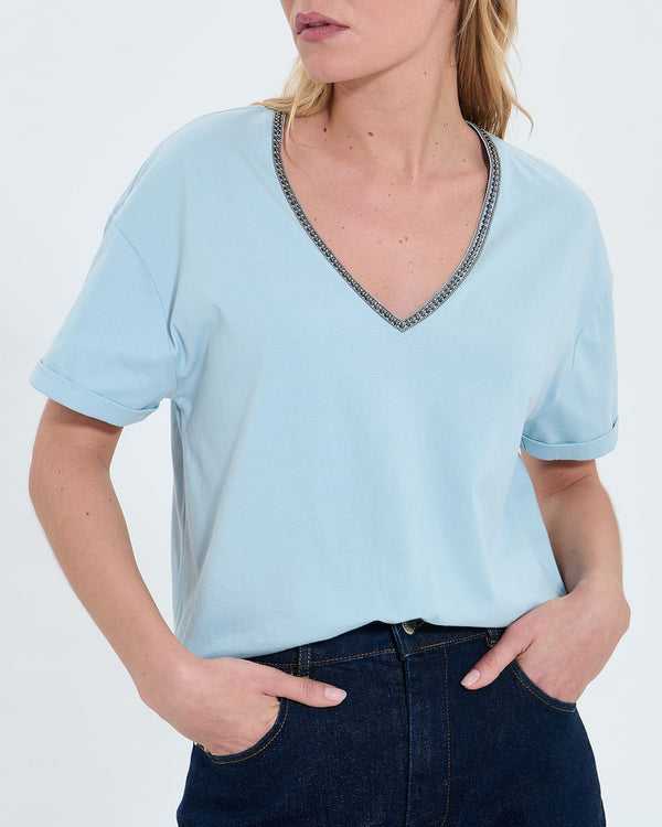 Tee-shirt ajusté en coton bleu ciel_1