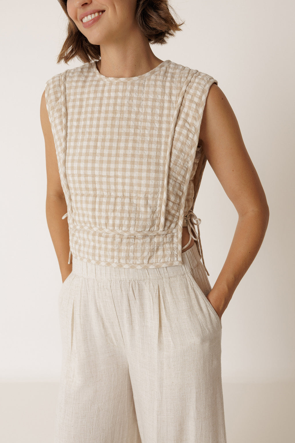 Quilted Check Top - Beige