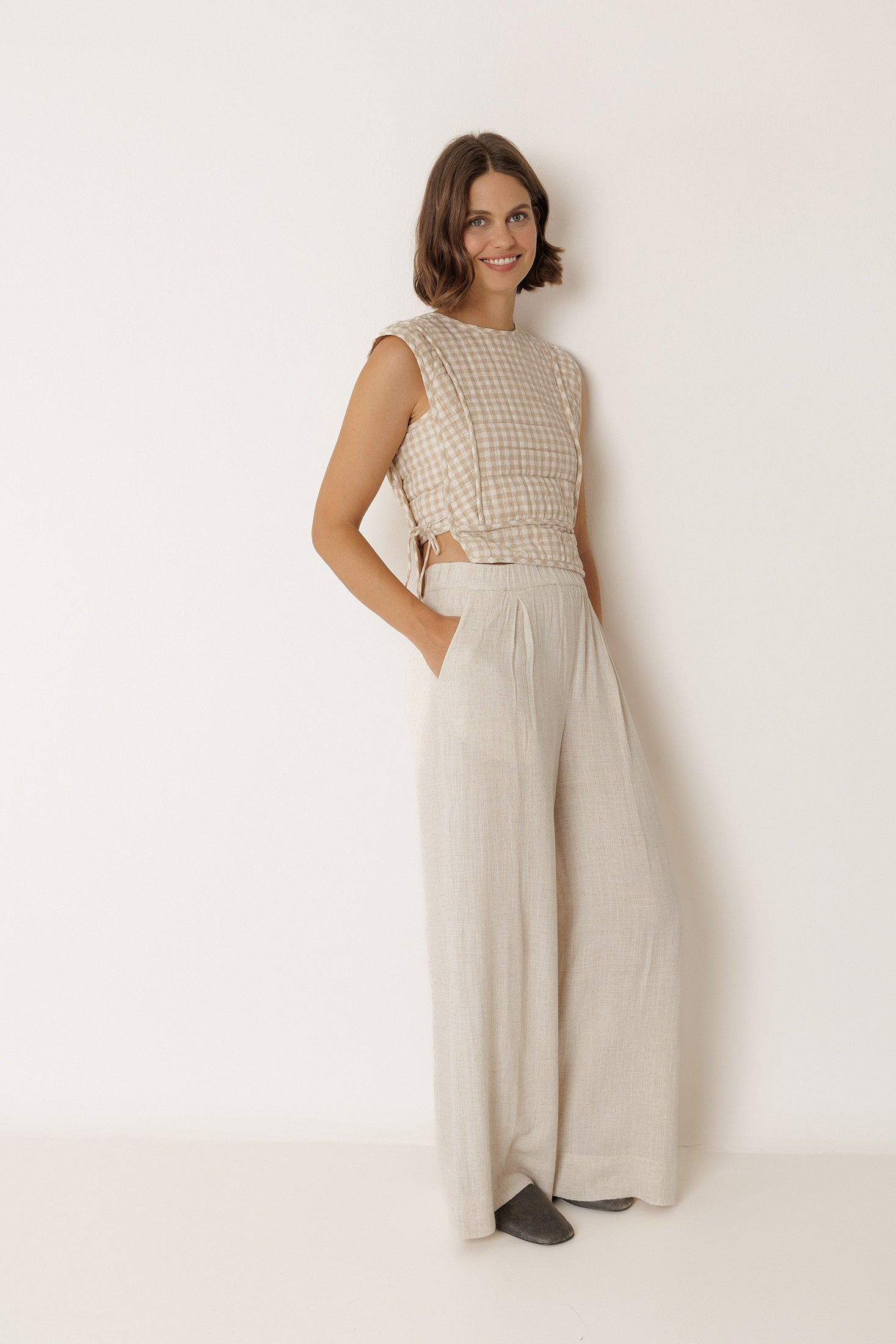 Quilted Check Top - Beige