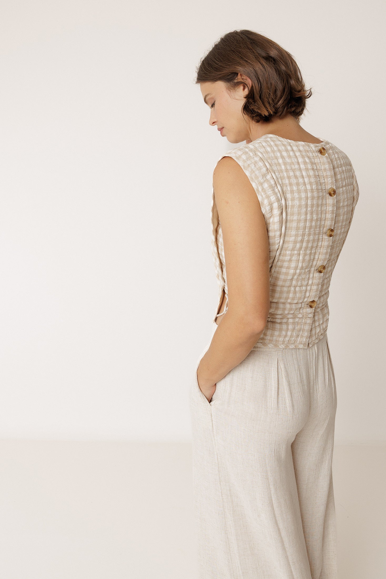 Quilted Check Top - Beige