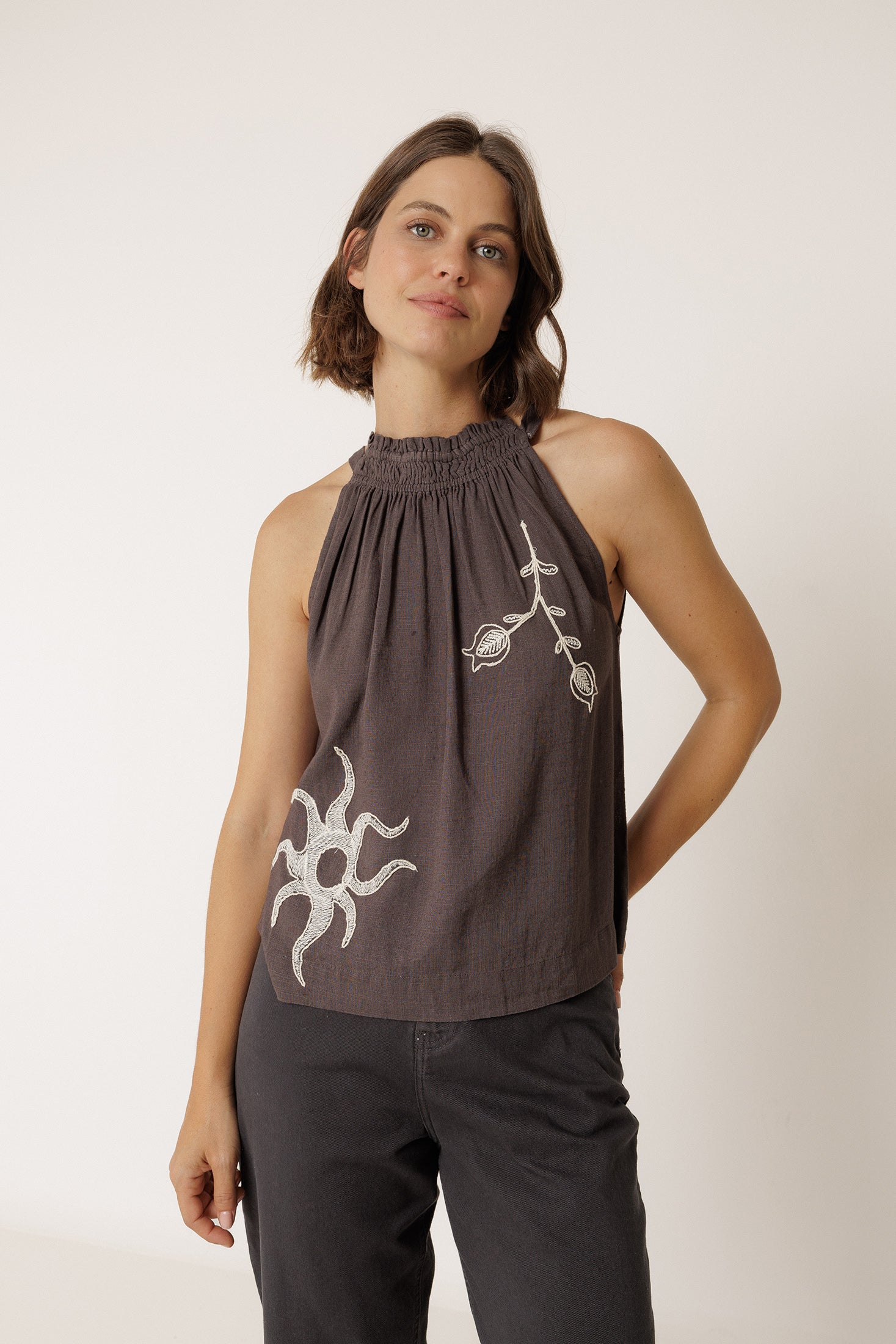 Embroidered Halter Top - Charcoal