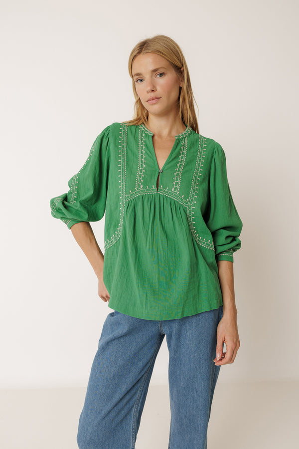 Blouse With Ethnic Embroidery - Green