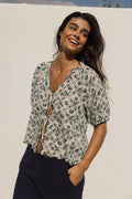 Vintage Print Tie-Front Shirt - Charcoal