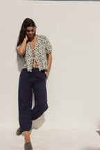 Vintage Print Tie-Front Shirt - Charcoal