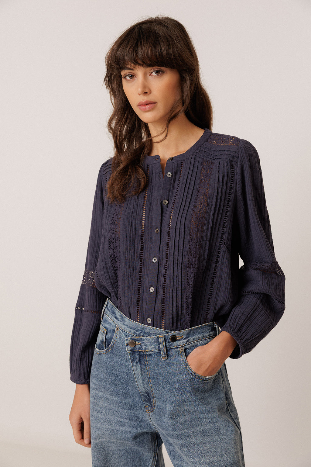 Romantic Double Gauze Shirt - Navy Blue