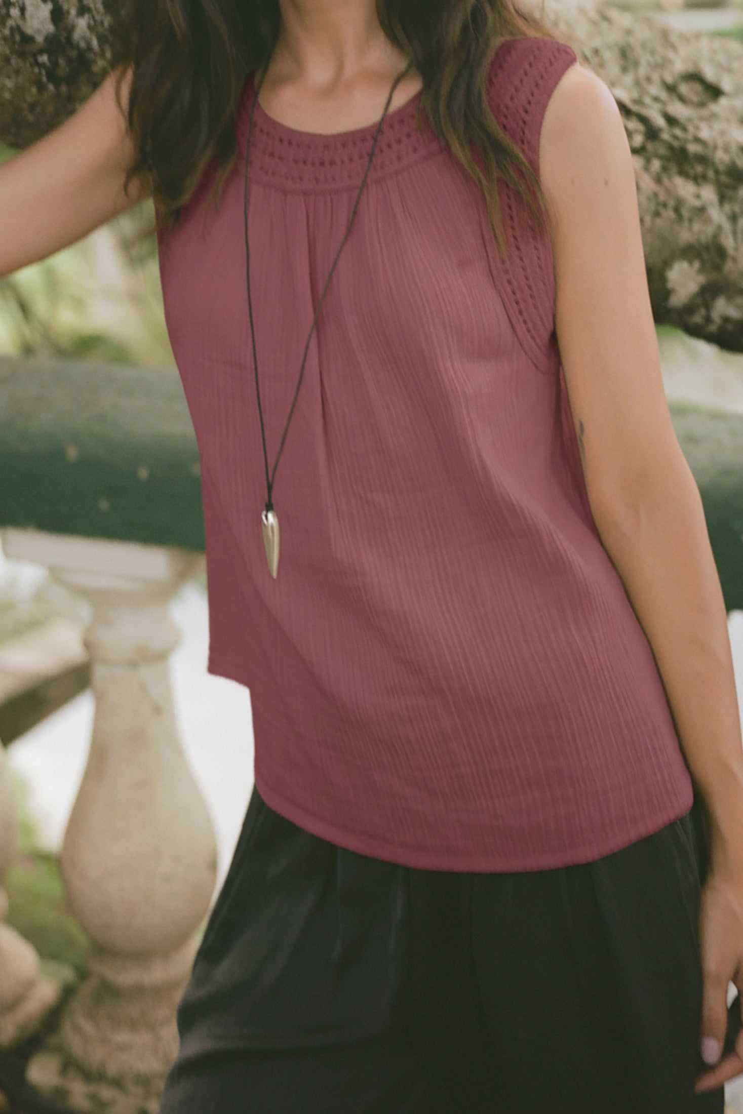 Crocheted Double Gauze Top - Pomegranate