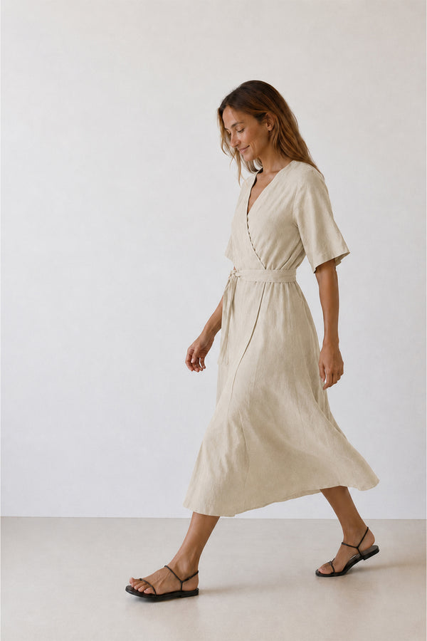 Linen Wrap Dress - Stone