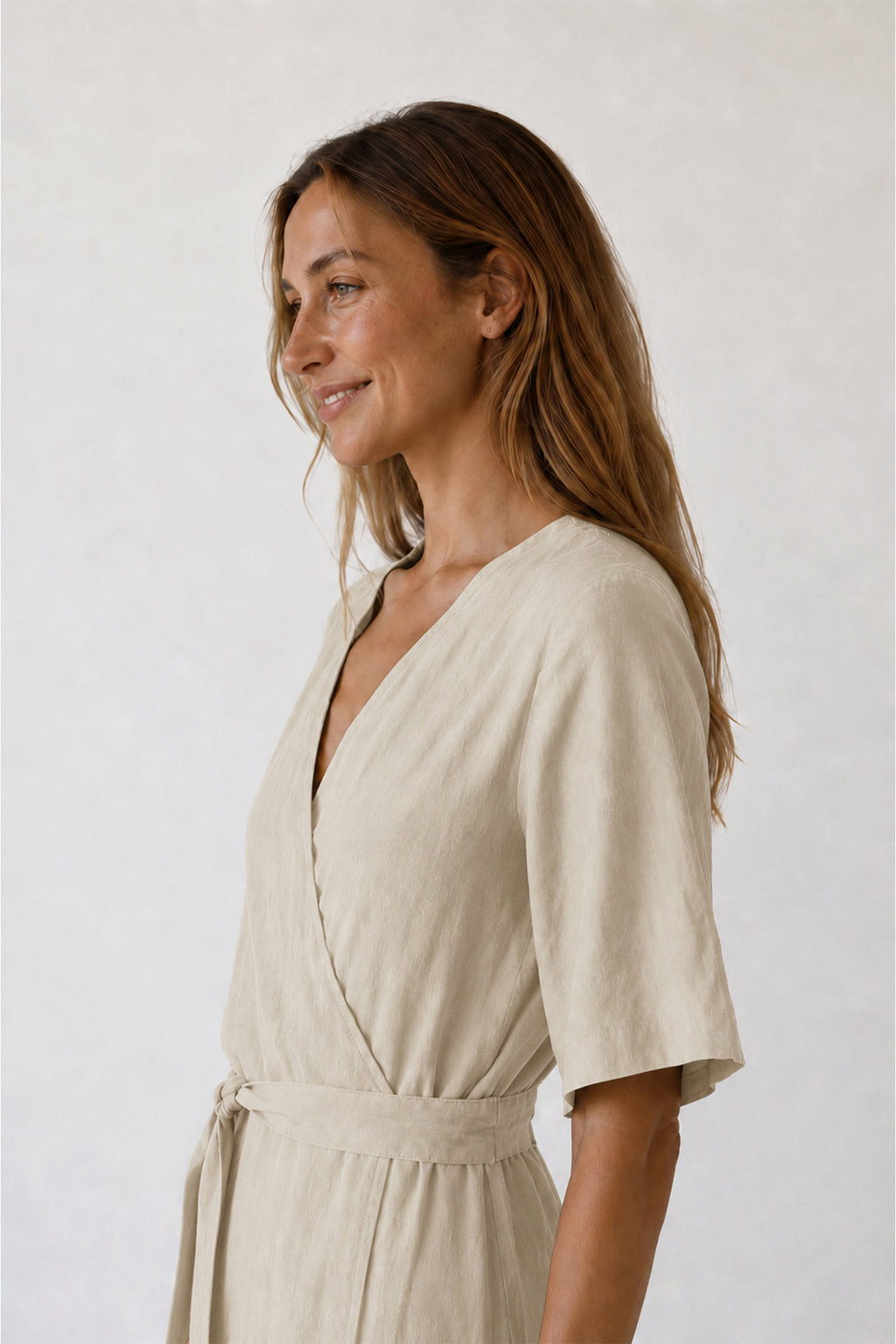 Vestido Cruzado de Lino - Piedra