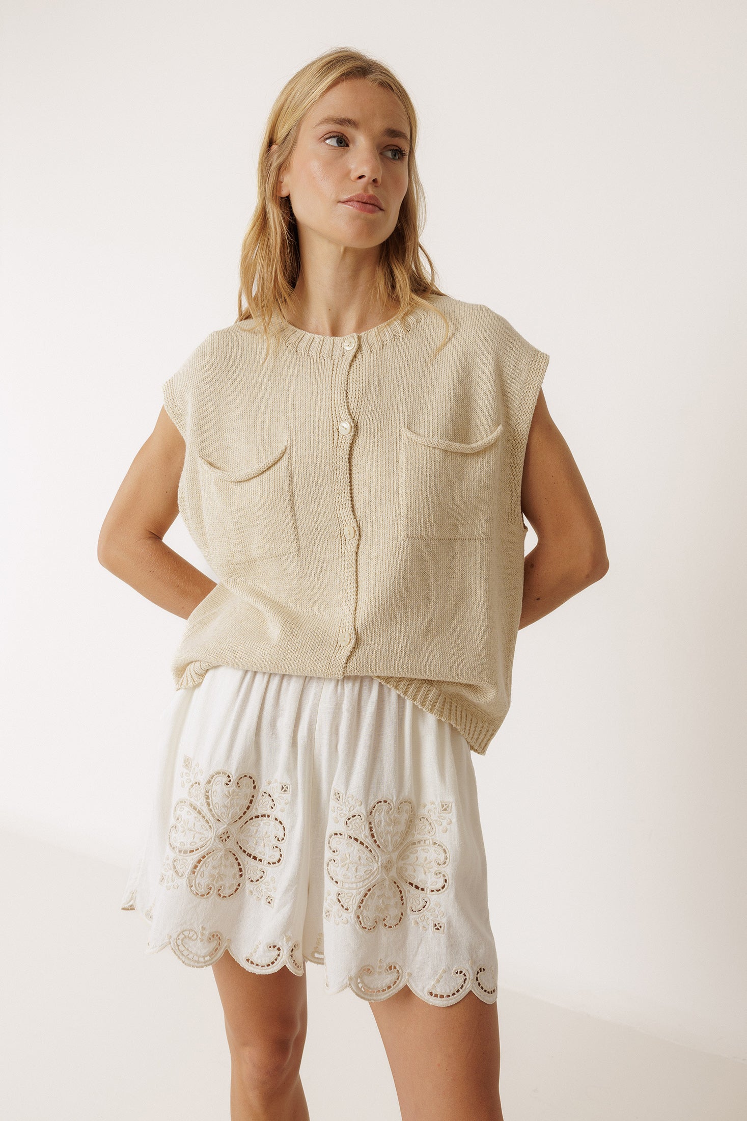 Boxy Fit Cardigan With Pockets - Ecru