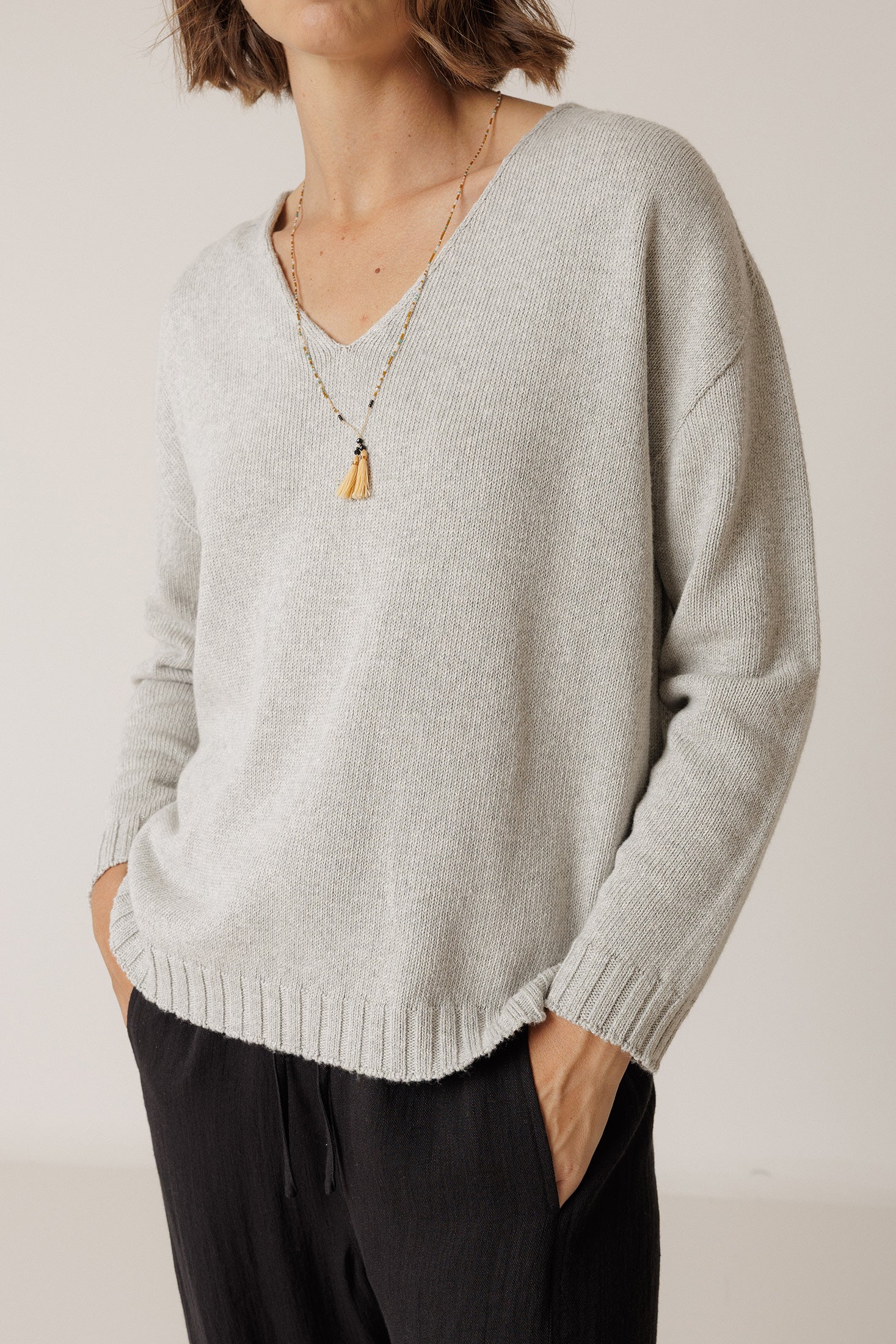 Plunging Neckline Jumper - Mottled Grey