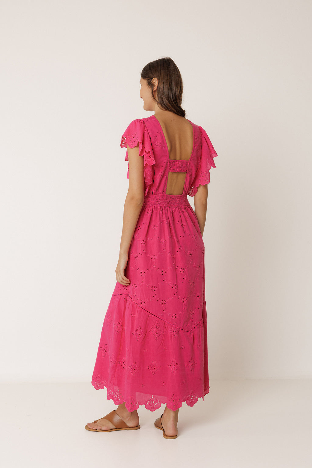 Vestido Largo con Bordado Schiffli - Fresa