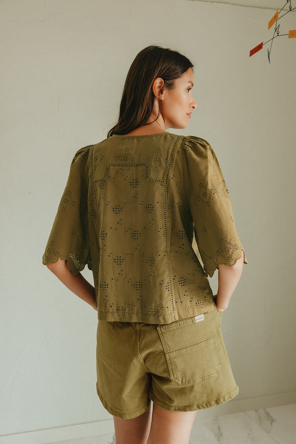 Square Cut Schiffli Embroidery Shirt - Khaki