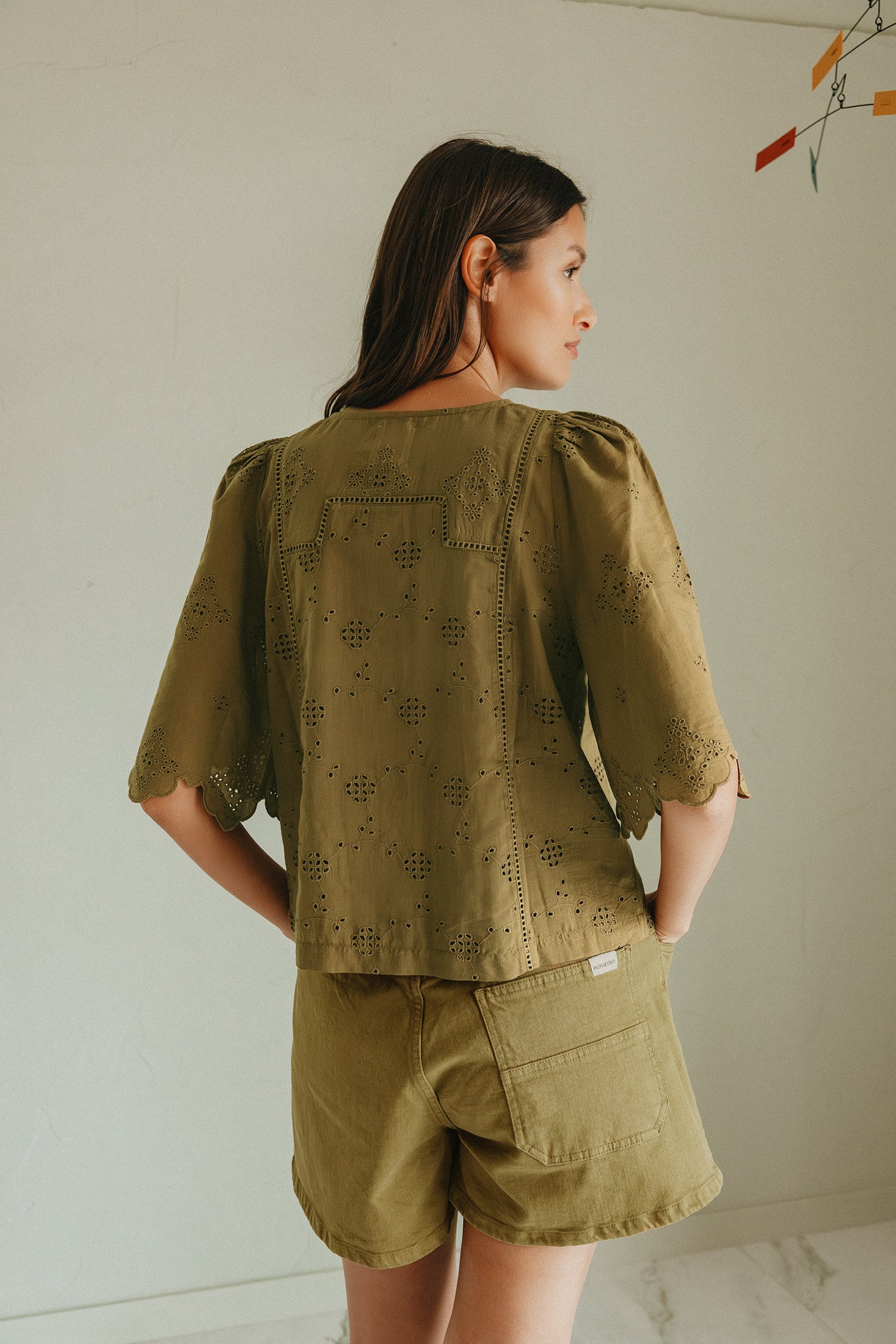 Square Cut Schiffli Embroidery Shirt - Khaki