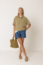 Camisa Oversize con Estampado Blockprint - Caqui