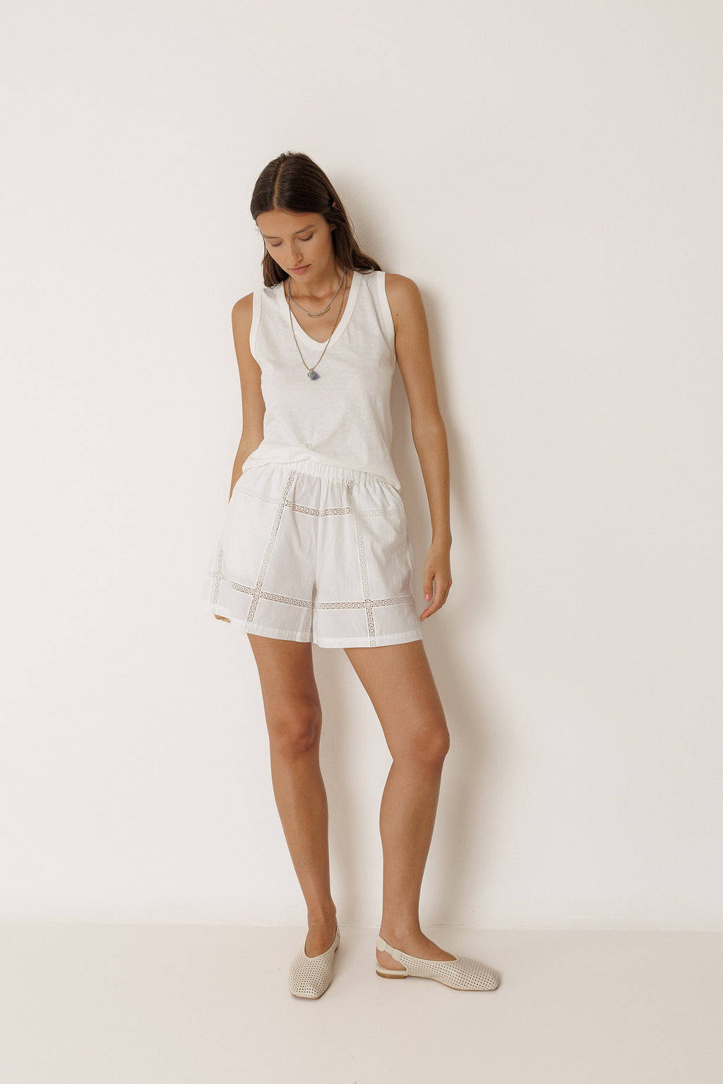 Short de Popelina y Encaje - Blanco