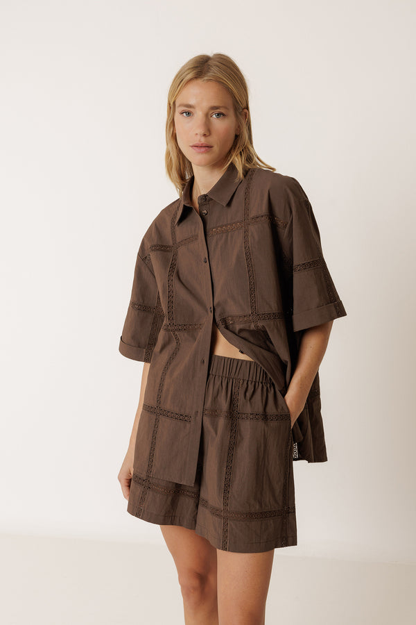 Poplin and Lace Shorts - Chocolate