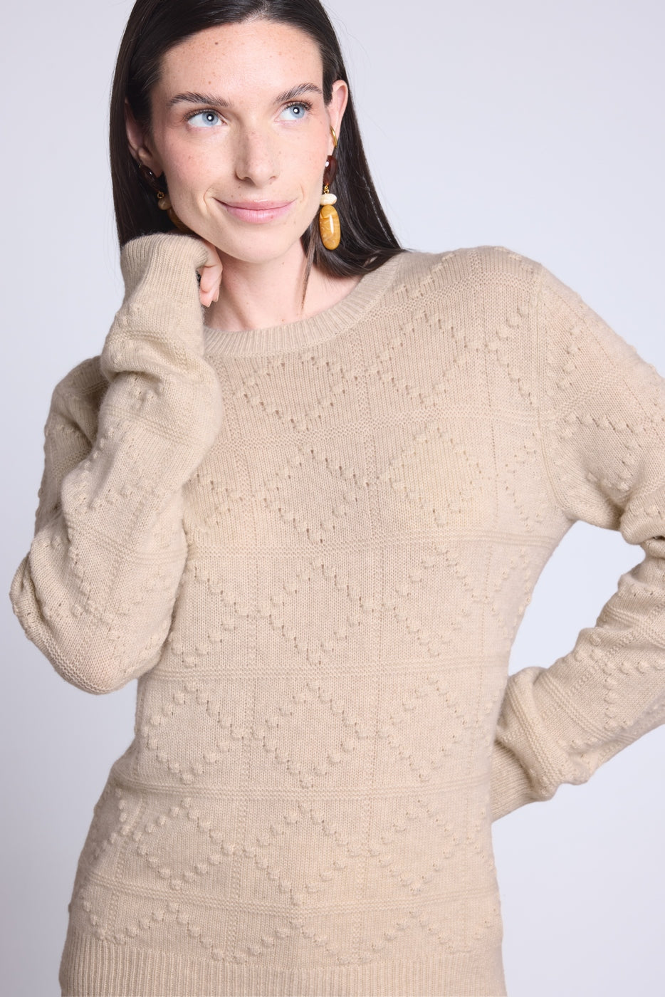 Pull Col Rond Bubble Cachemire Waldorf - Beige Creme - Femme - Cachemire Et Laine