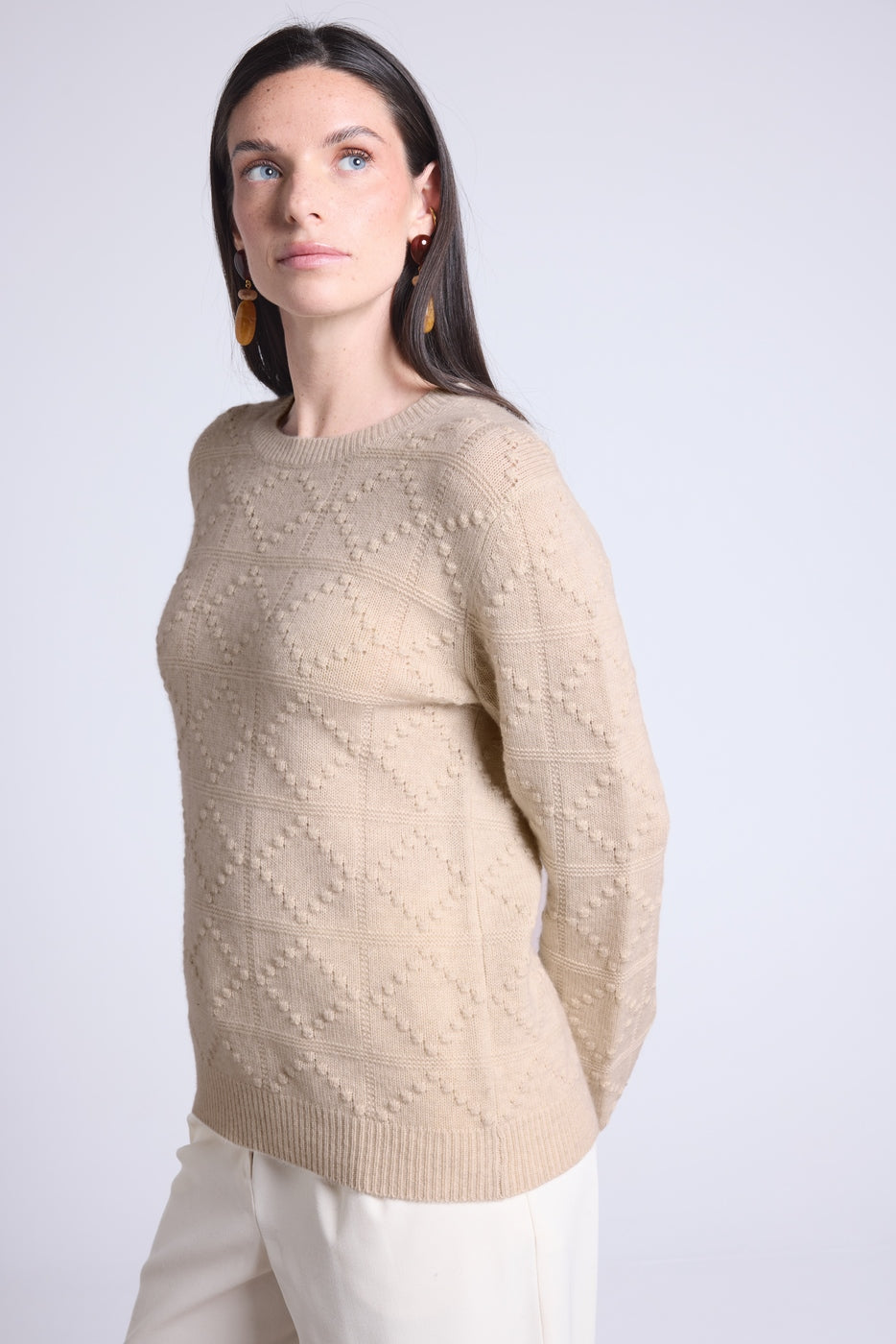 Pull Col Rond Bubble Cachemire Waldorf - Beige Creme - Femme - Cachemire Et Laine