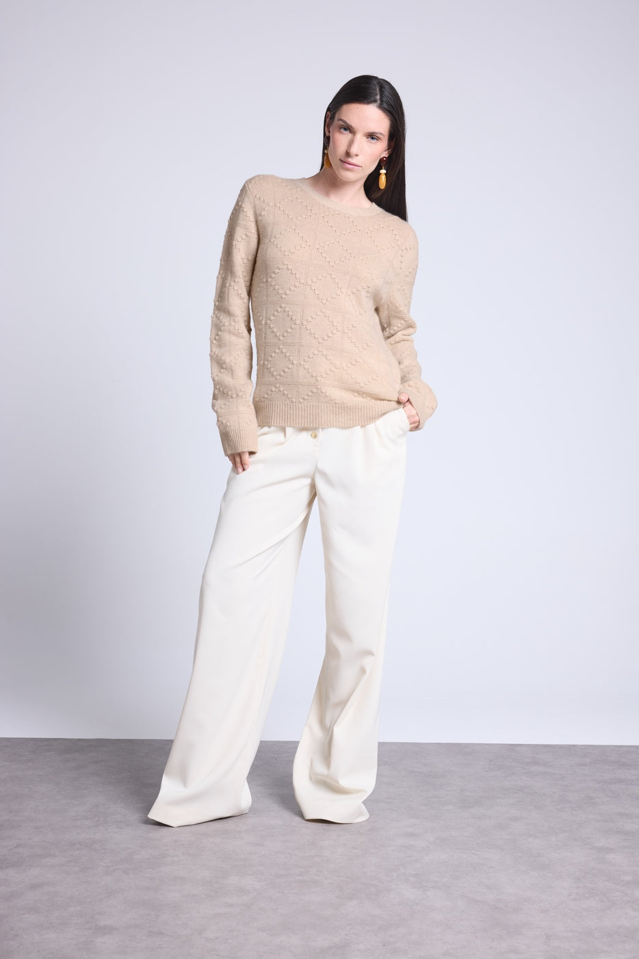 Pull Col Rond Bubble Cachemire Waldorf - Beige Creme - Femme - Cachemire Et Laine