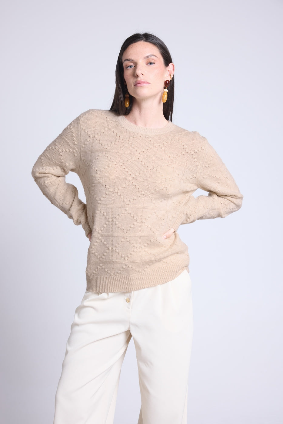 Pull Col Rond Bubble Cachemire Waldorf - Beige Creme - Femme - Cachemire Et Laine