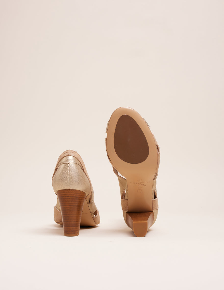 Sandales À Talons Clémentine H - Cuir Et Suède Champagne Beige - Femme