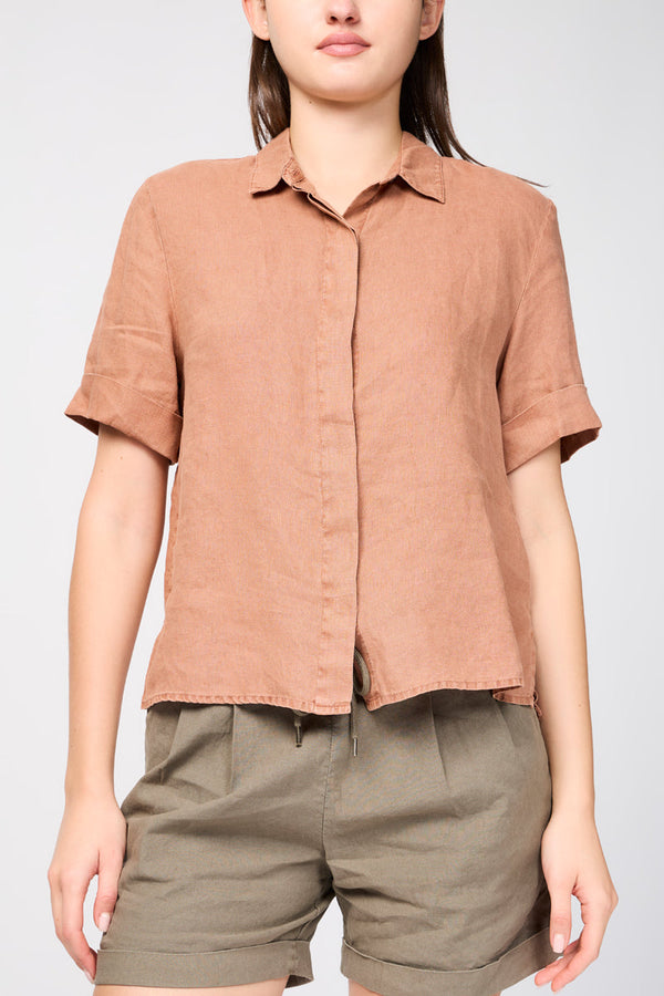 Camisa de lino de manga corta - Pigmento Nuez Moscada - Mujer
