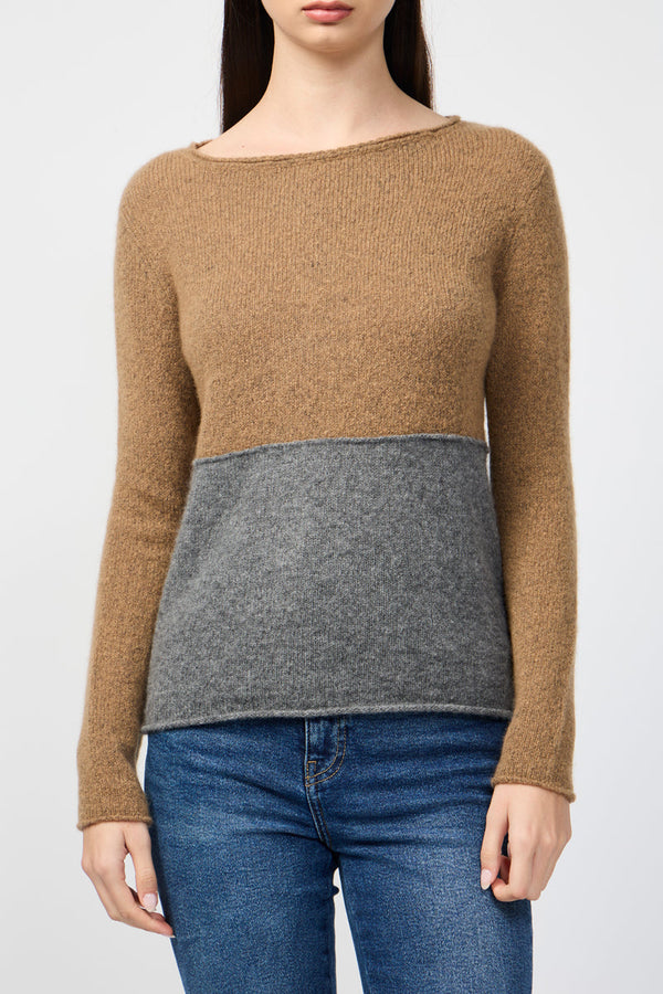 Pull Col Bateau Bicolore En Cachemire - Noyer/Tonnerre - Femme