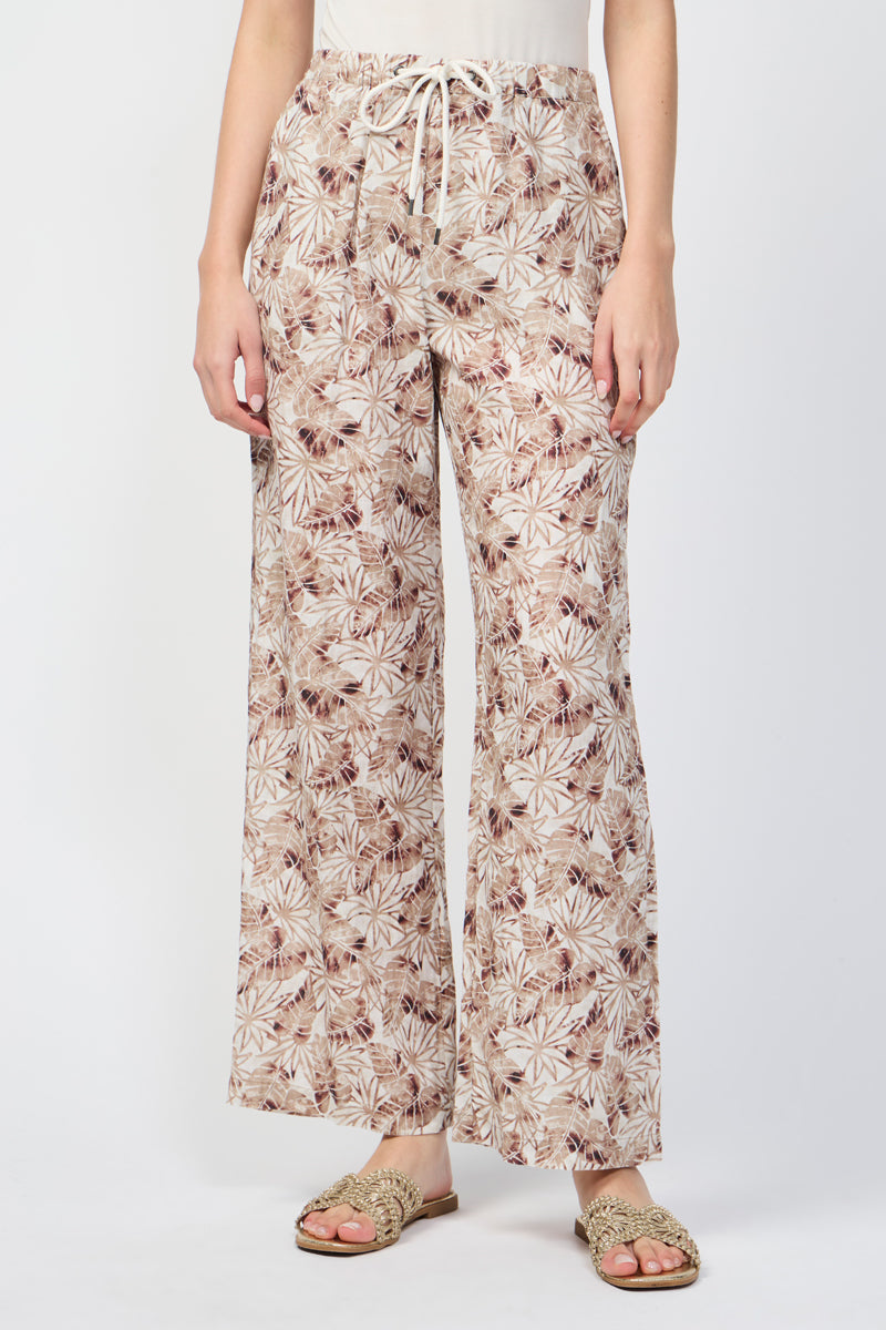 Pantalón Ancho En Lino Y Hojas De Palmera - Nuez De Moscada - Mujer