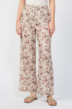 Pantalón Ancho En Lino Y Hojas De Palmera - Nuez De Moscada - Mujer