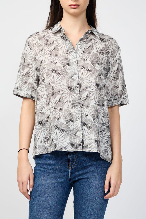 Camisa De Lino De Manga Corta Con Estampado De Hojas De Palmera - Carbono - Mujer
