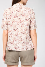 Short-Sleeved Linen Shirt with Palm Leaf Print - Nutmeg - Women