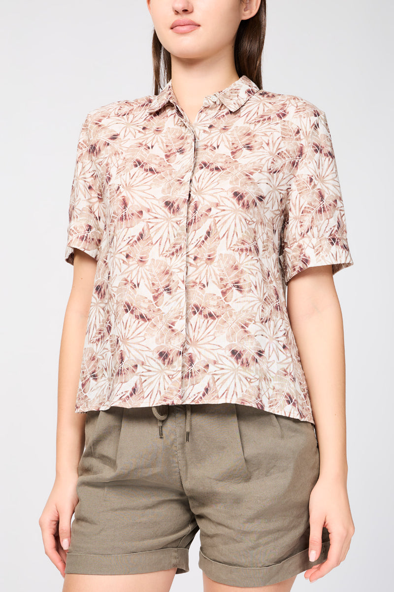 Short-Sleeved Linen Shirt with Palm Leaf Print - Nutmeg - Women