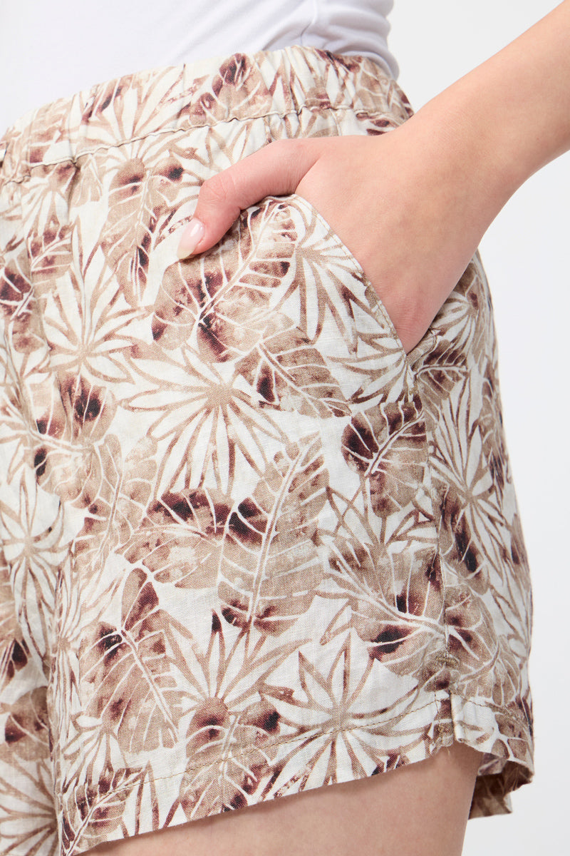 Short En Lin Imprimé Feuilles De Palmier - Muscade - Femme