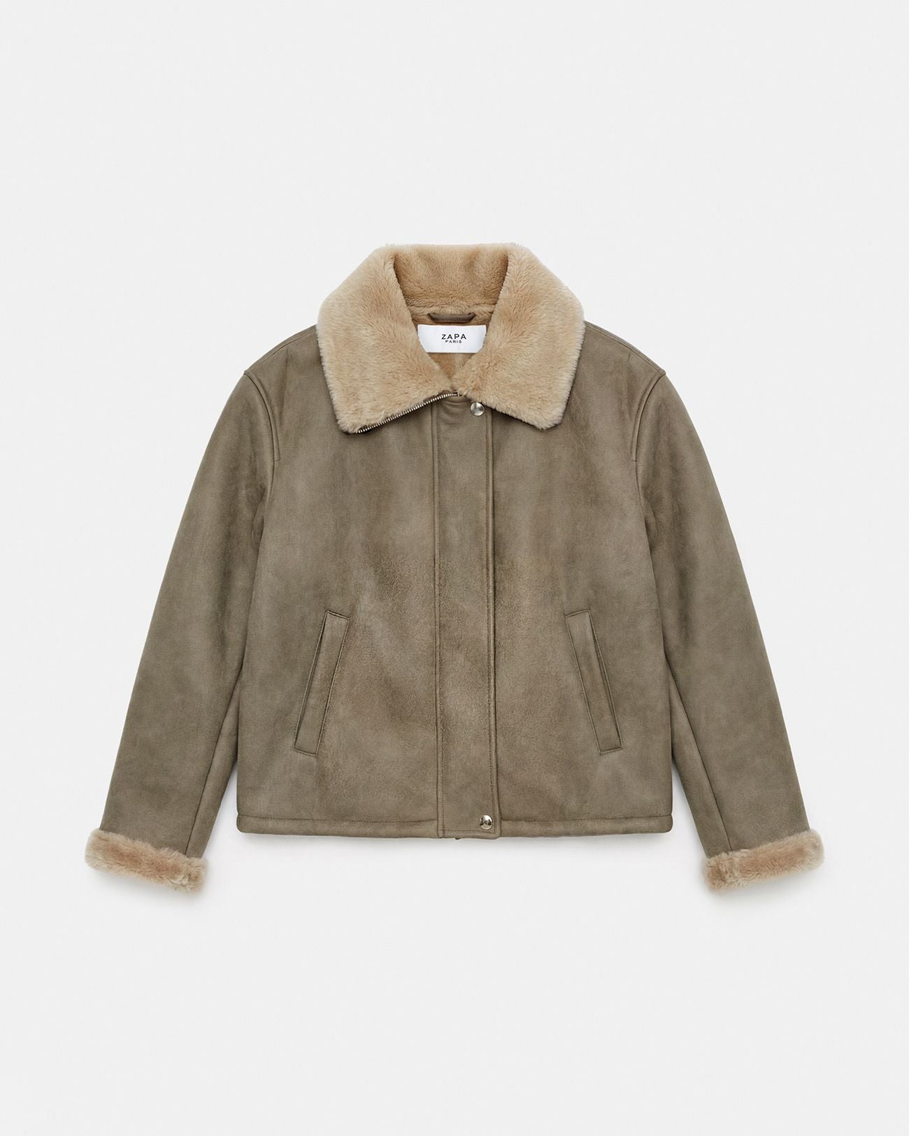 Chaqueta corta de ante caqui con cuello efecto borreguito 1