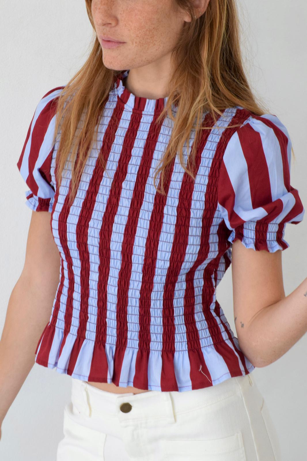 Blouse Chía Rayures Manches Courtes Bordeaux Et Bleu Clair